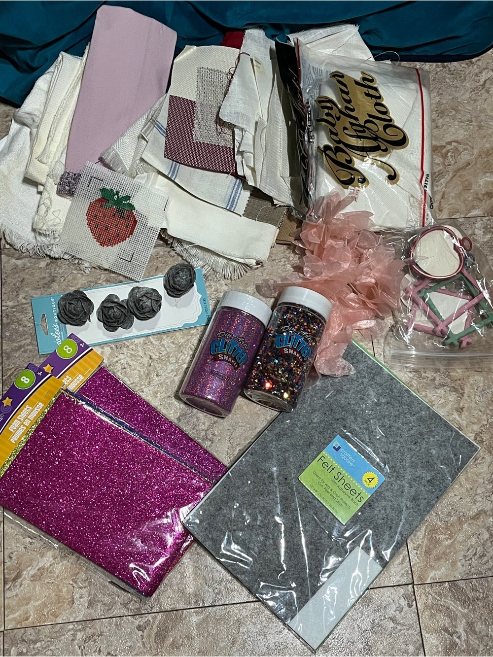 CRAFT LOT INCLUDES BRAND NEW CROSS STITCH FABRICS, FRAMES & UN-OPENED GLITTER !